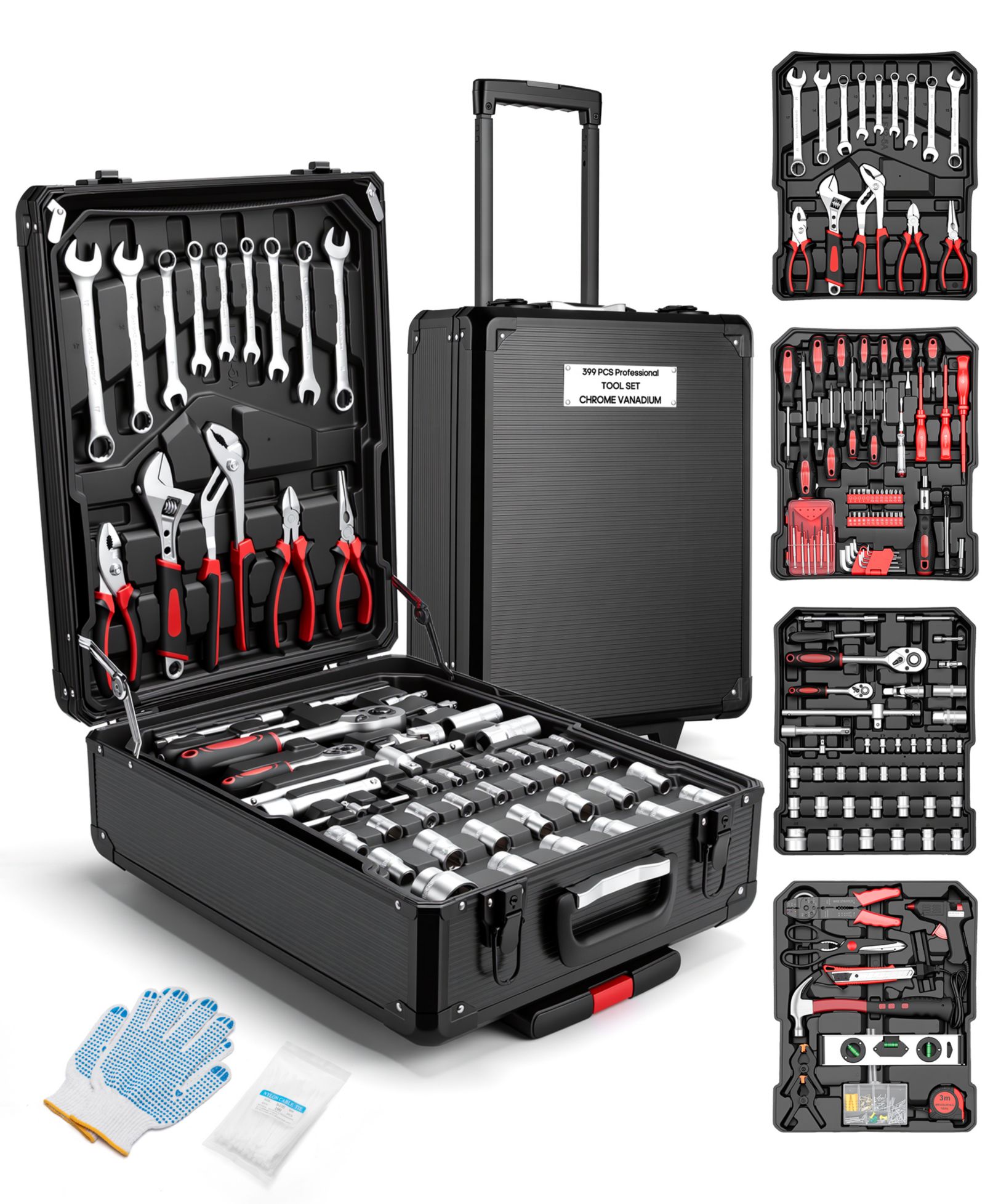 399-Piece Rolling Tool Set with Wheels, Aluminum Case and 4 Drawers, Metric Home and Auto Repair Tool Kit