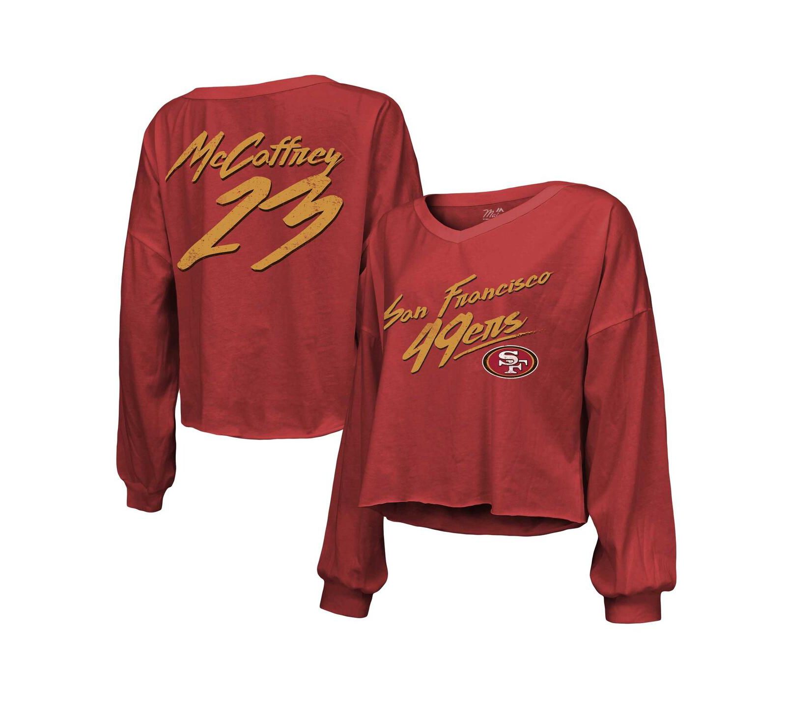 Women's Majestic Threads Christian McCaffrey Scarlet San Francisco 49ers Name and Number Off-Shoulder Script Cropped Long Sleeve V-Neck T-shirt