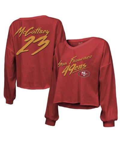 Женская футболка Majestic Threads Christian McCaffrey San Francisco 49ers Off-Shoulder Cropped Long Sleeve V-Neck