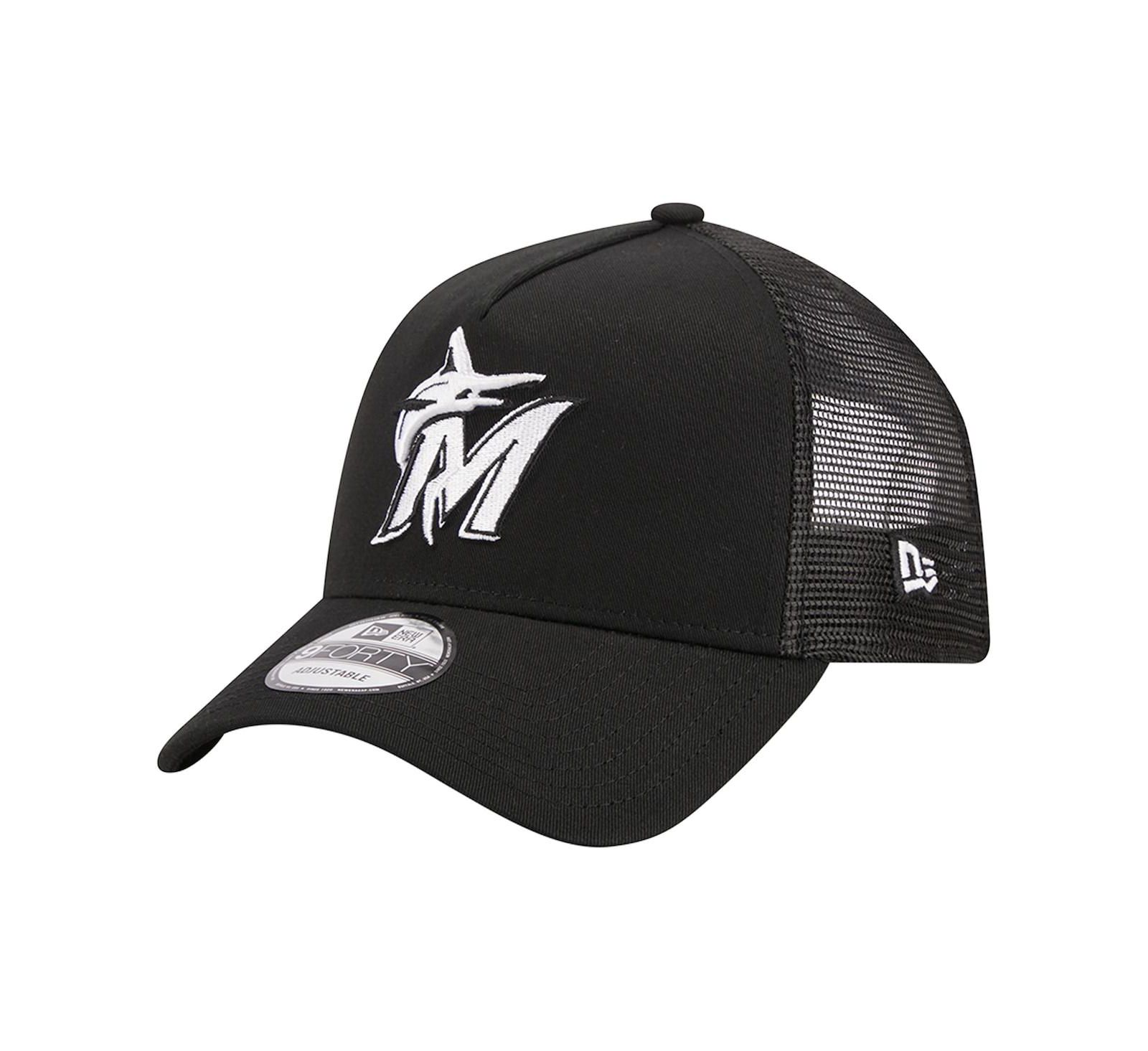 Men's New Era Black Miami Marlins A-Frame 9FORTY Trucker Adjustable Hat