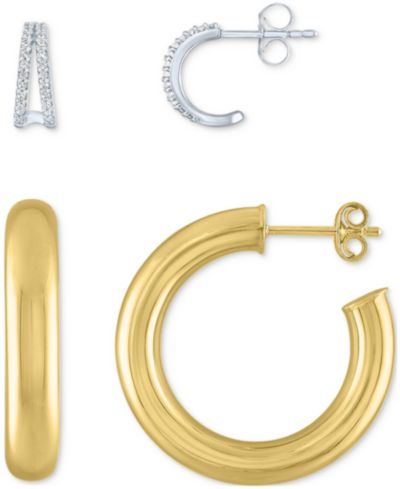 Комплект из 2 шт. серьги-кольца Diamond & Polished Small Hoop из стерлингового серебра и 14k Gold-Plate