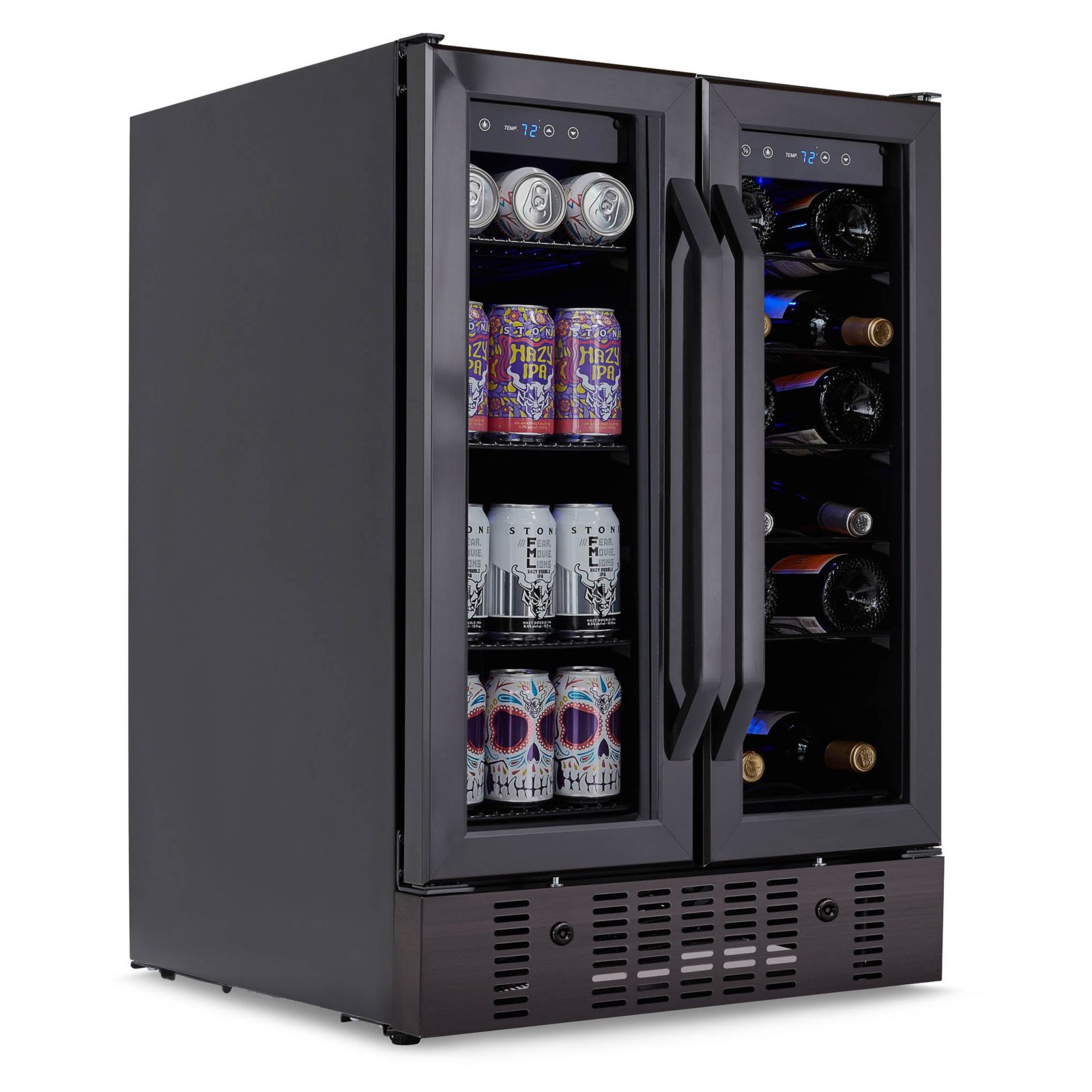 Newair 24" Wine & Beverage Refrigerator, 18-Bottle & 60-Can Capacity, Built-in Dual Zone Cooler with French Doors