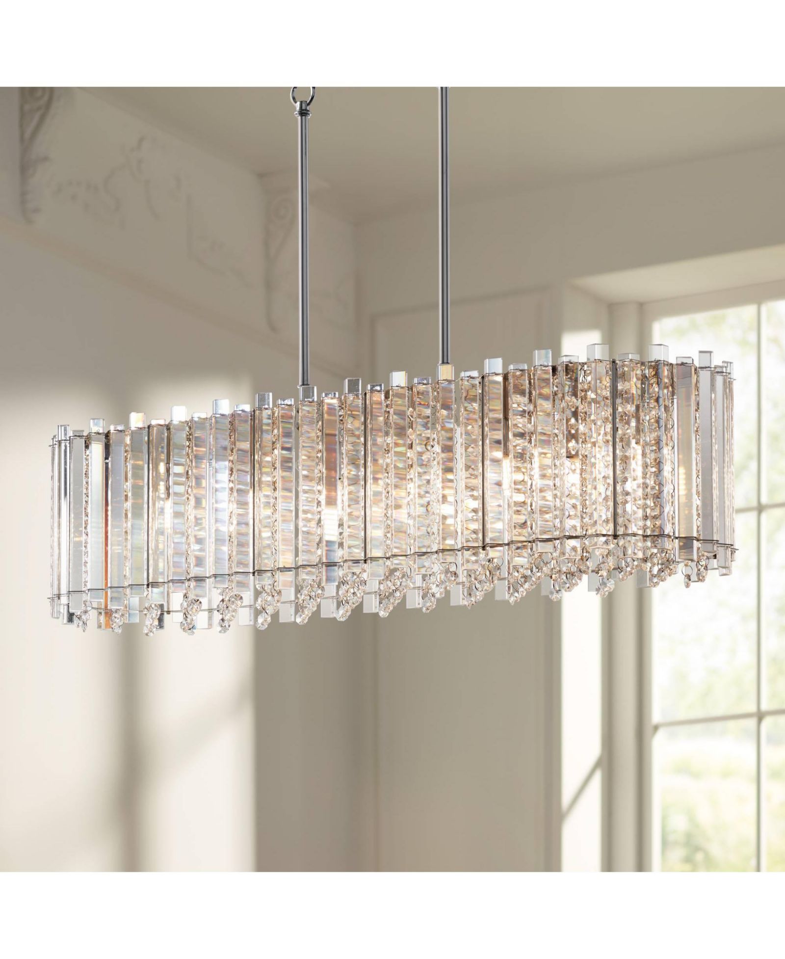 Possini Euro Design Mirabell Chrome Linear Island Pendant Chandelier 34" Wide Modern LED Clear Glass Crystal 6-Light Fixture for Dining Room Kitchen