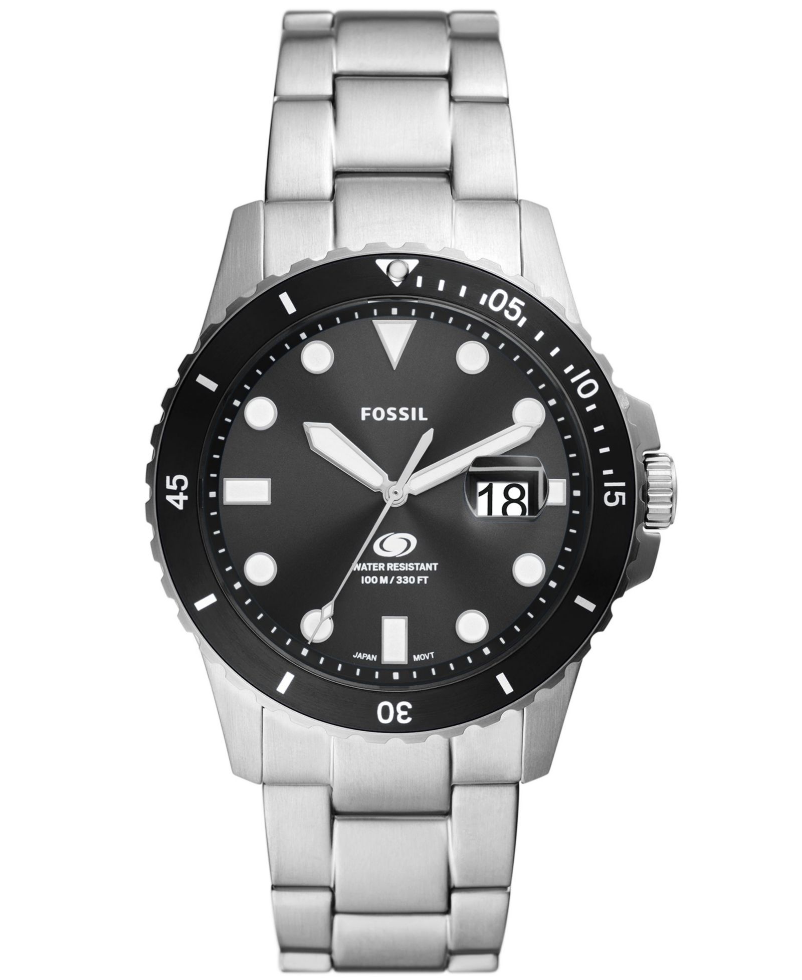 Fossil Men's Blue Dive Three-Hand Date Silver-Tone Stainless Steel Watch 42mm