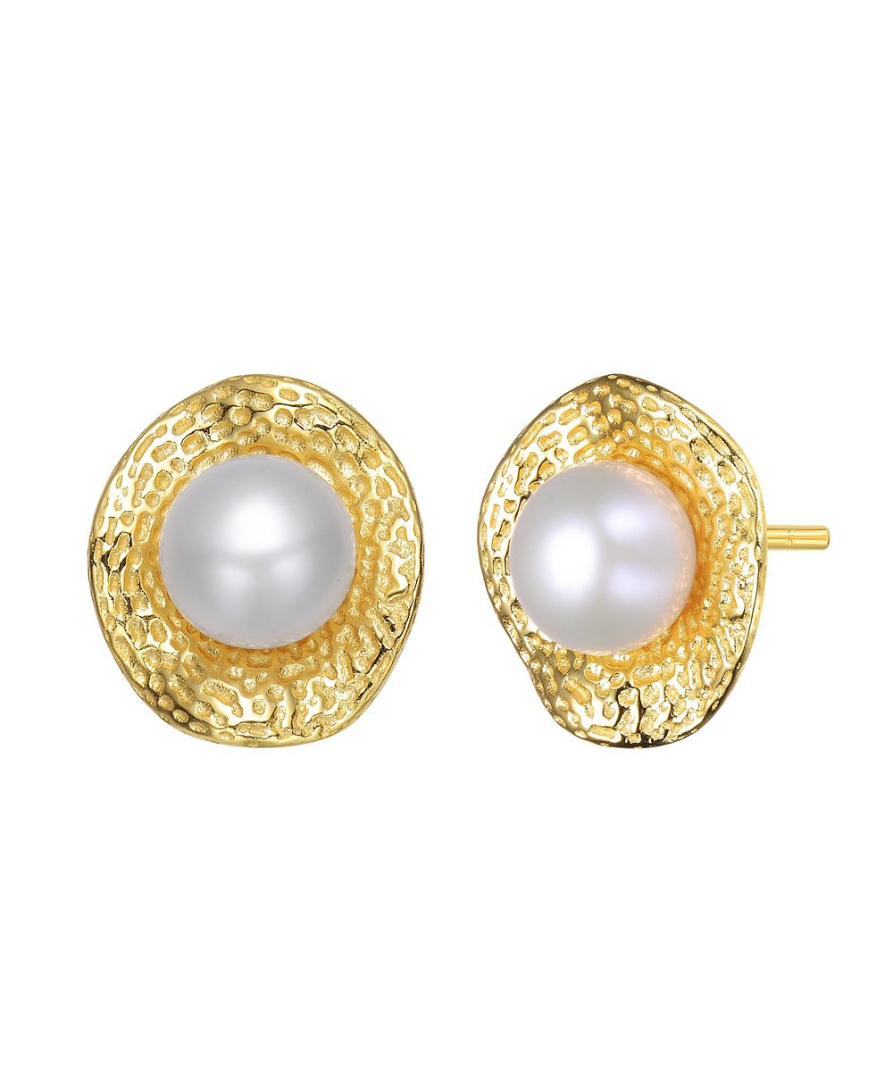 Genevive Sterling Silver 14K Gold Plated Pearl Hammered Stud Earrings
