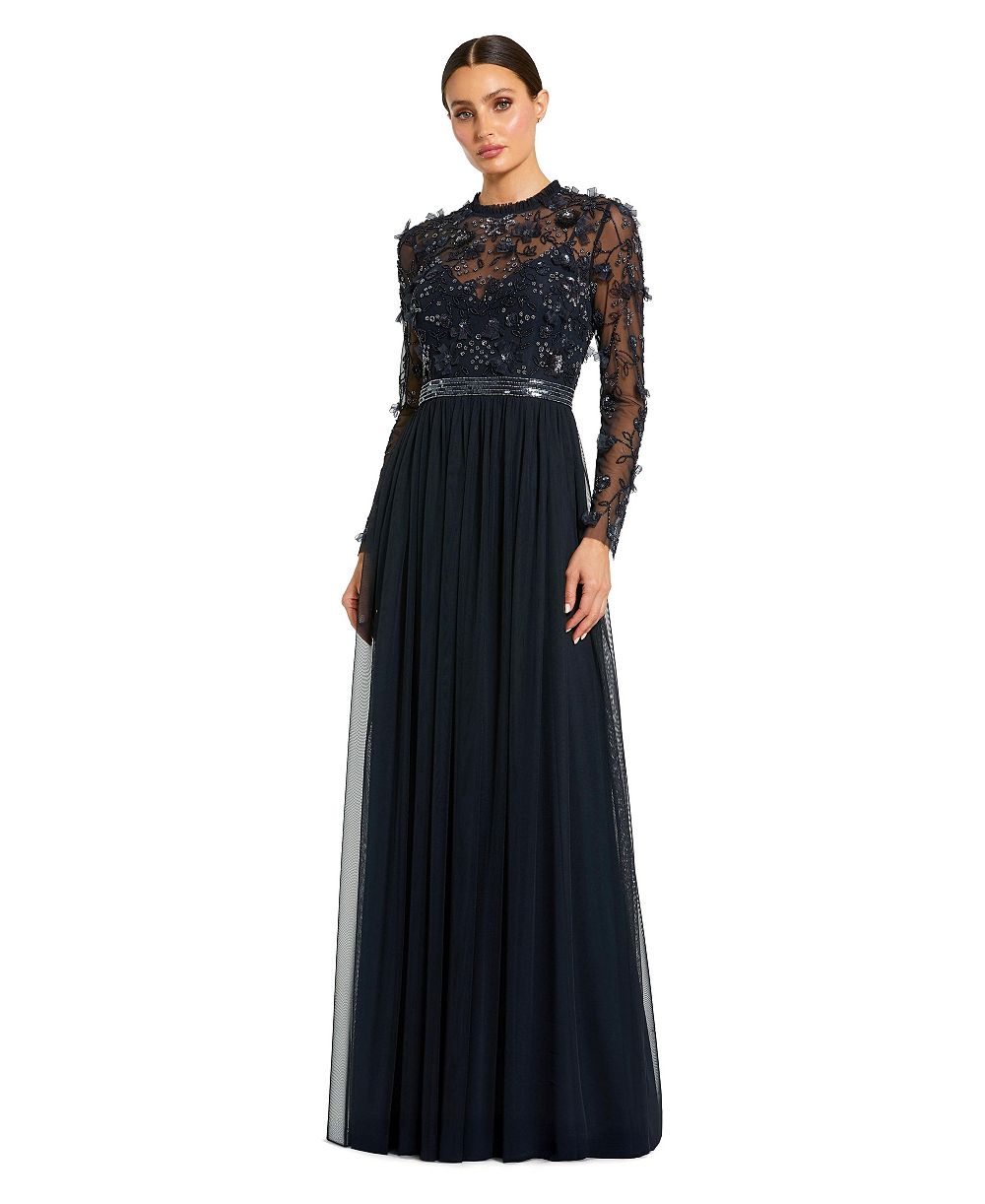 Mac Duggal Женское длинное платье с декором, прозрачным высоким воротником и длинными рукавами