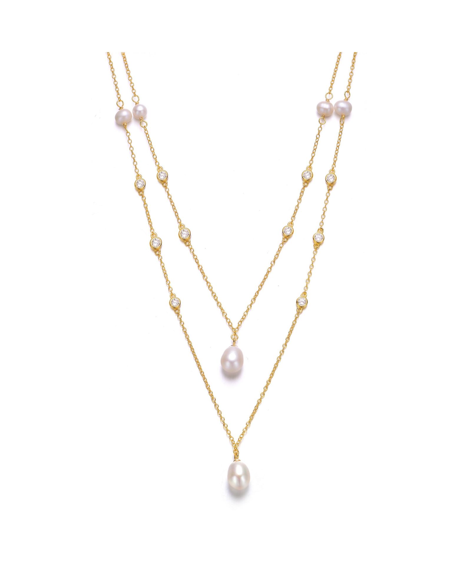Genevive Sterling Silver 14K Gold Plated с Freshwater Pearl Layered Necklace