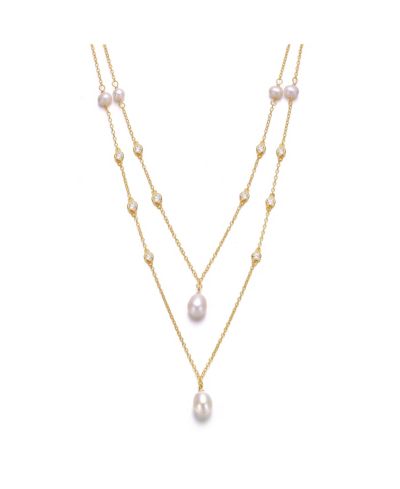 Genevive Sterling Silver 14K Gold Plated с Freshwater Pearl Layered Necklace