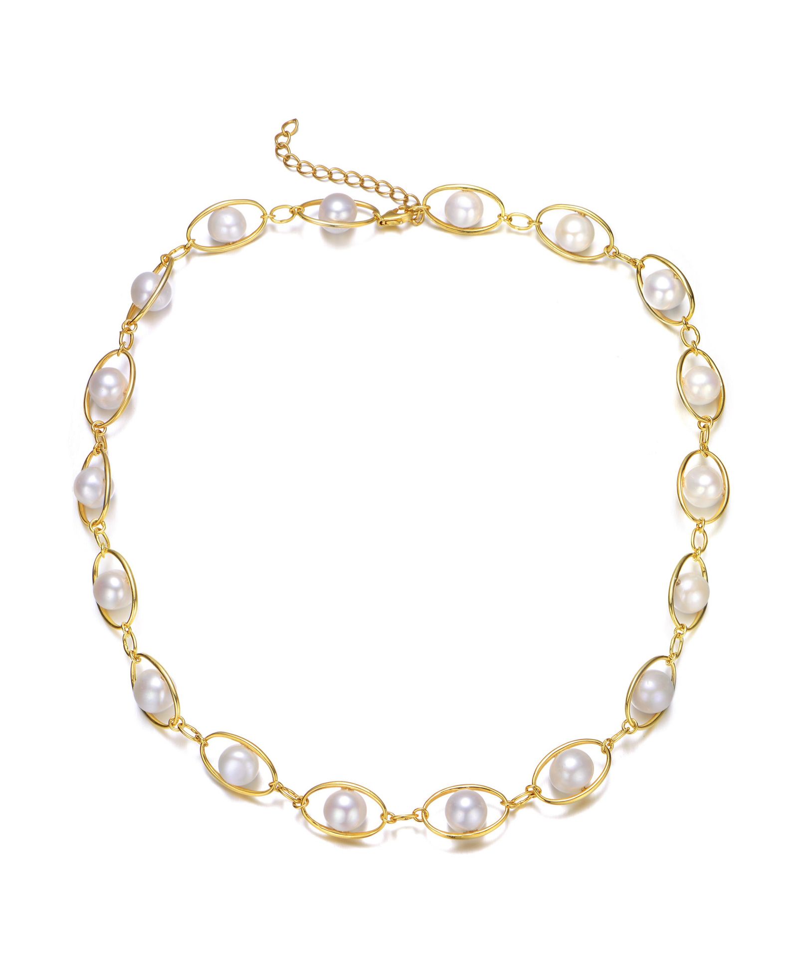 Ожерелье Genevive Sterling Silver 14K Gold Plated Freshwater Pearl and Cubic Zirconia Link Adjustable