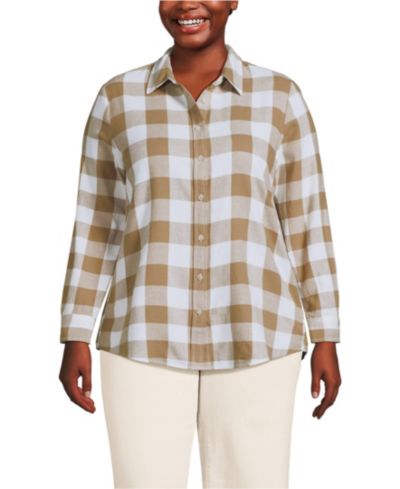 Lands' End Plus Size Flannel Boyfriend Long Sleeve Shirt