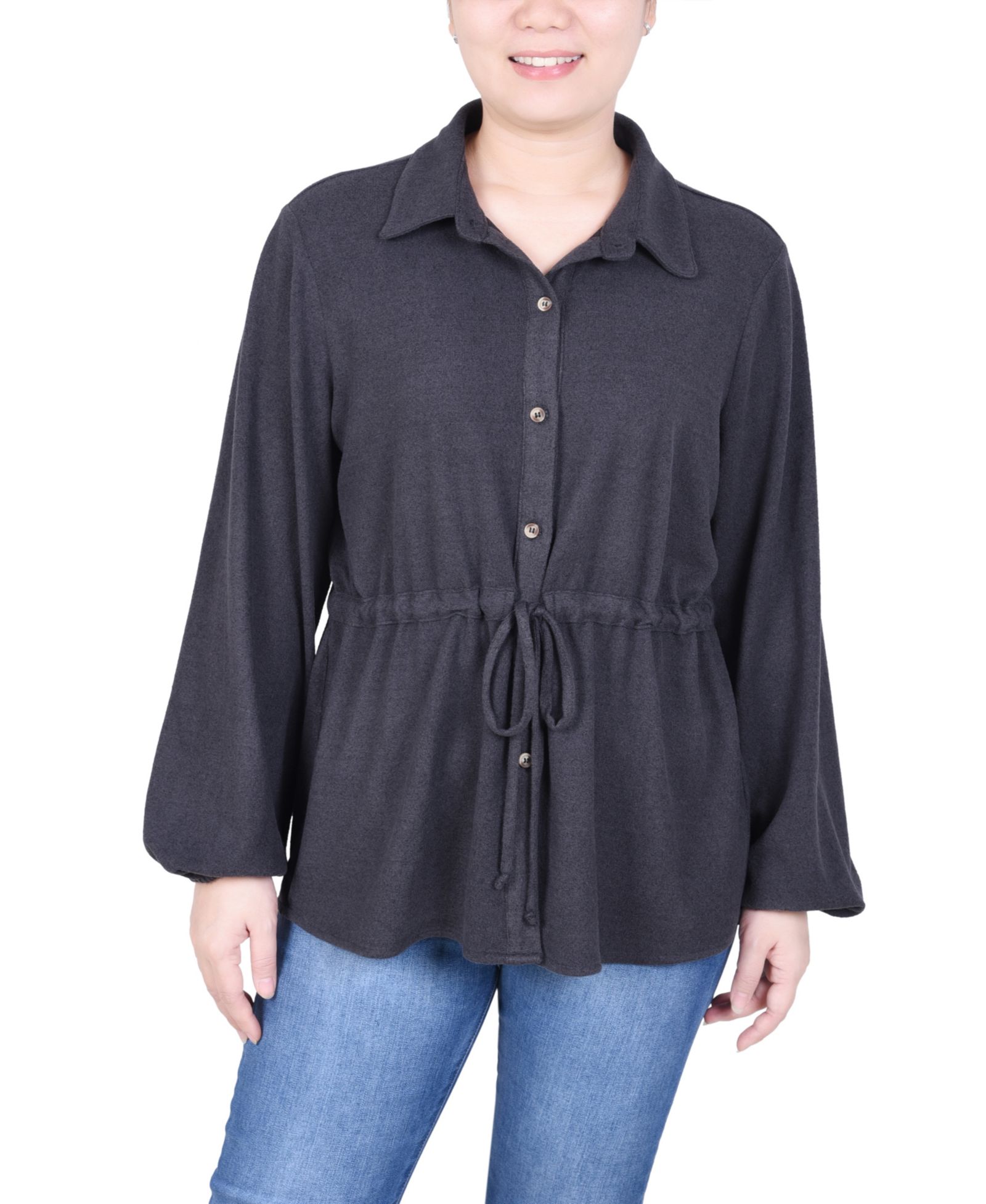 NY Collection Petite Long Dolman Sleeve Drawstring-Waist Tunic Top