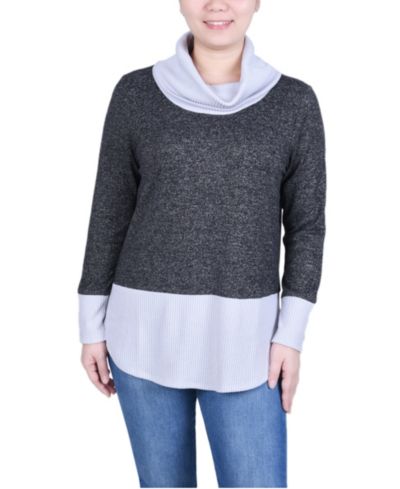 NY Collection Petite Long Sleeve Cowl Neck Colorblocked Top