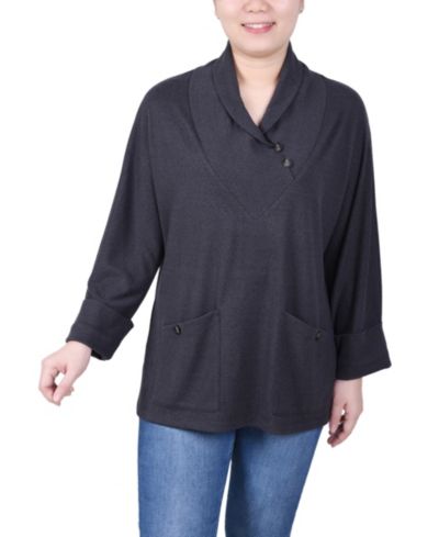 NY Collection Petite Cuff Sleeve Shawl Collar Top
