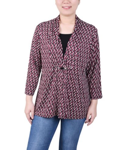 NY Collection Petite Puff Print 3/4 Sleeve Two-Fer Top