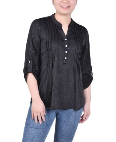 NY Collection Petite 3/4 Sleeve Roll Tab Y Neck Top