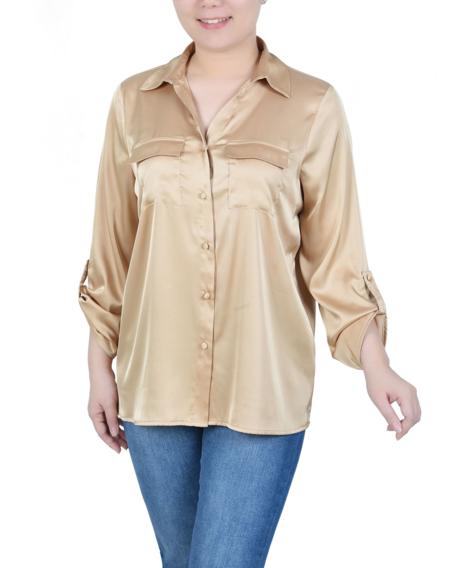 NY Collection Petite 3/4 Sleeve Roll Tab Satin Blouse