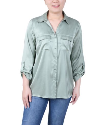 Блузка NY Collection Petite 3/4 Sleeve Roll Tab Satin