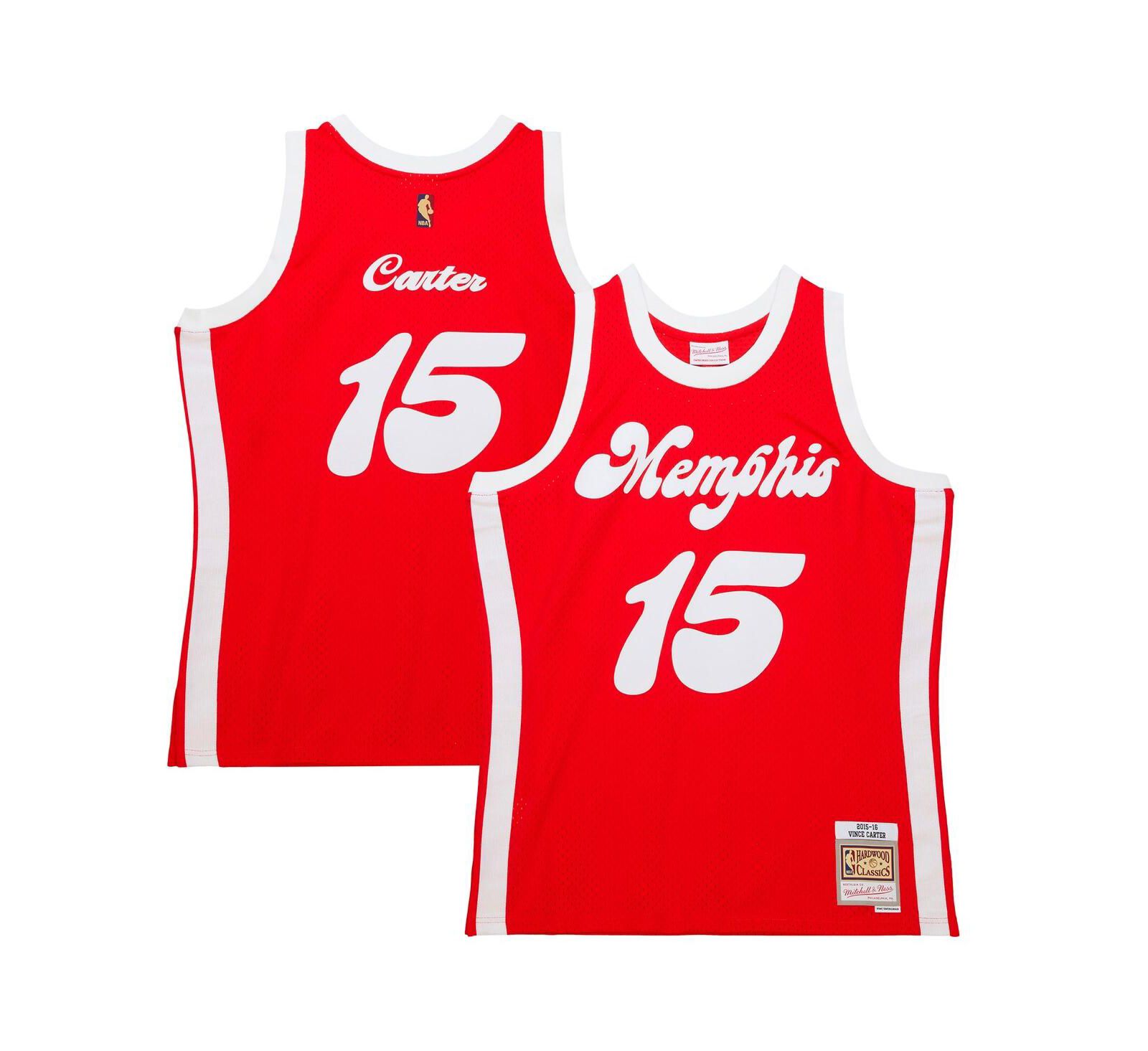 Men's Mitchell & Ness Vince Carter Red Memphis Grizzlies Hardwood Classics Retro Name and Number T-shirt