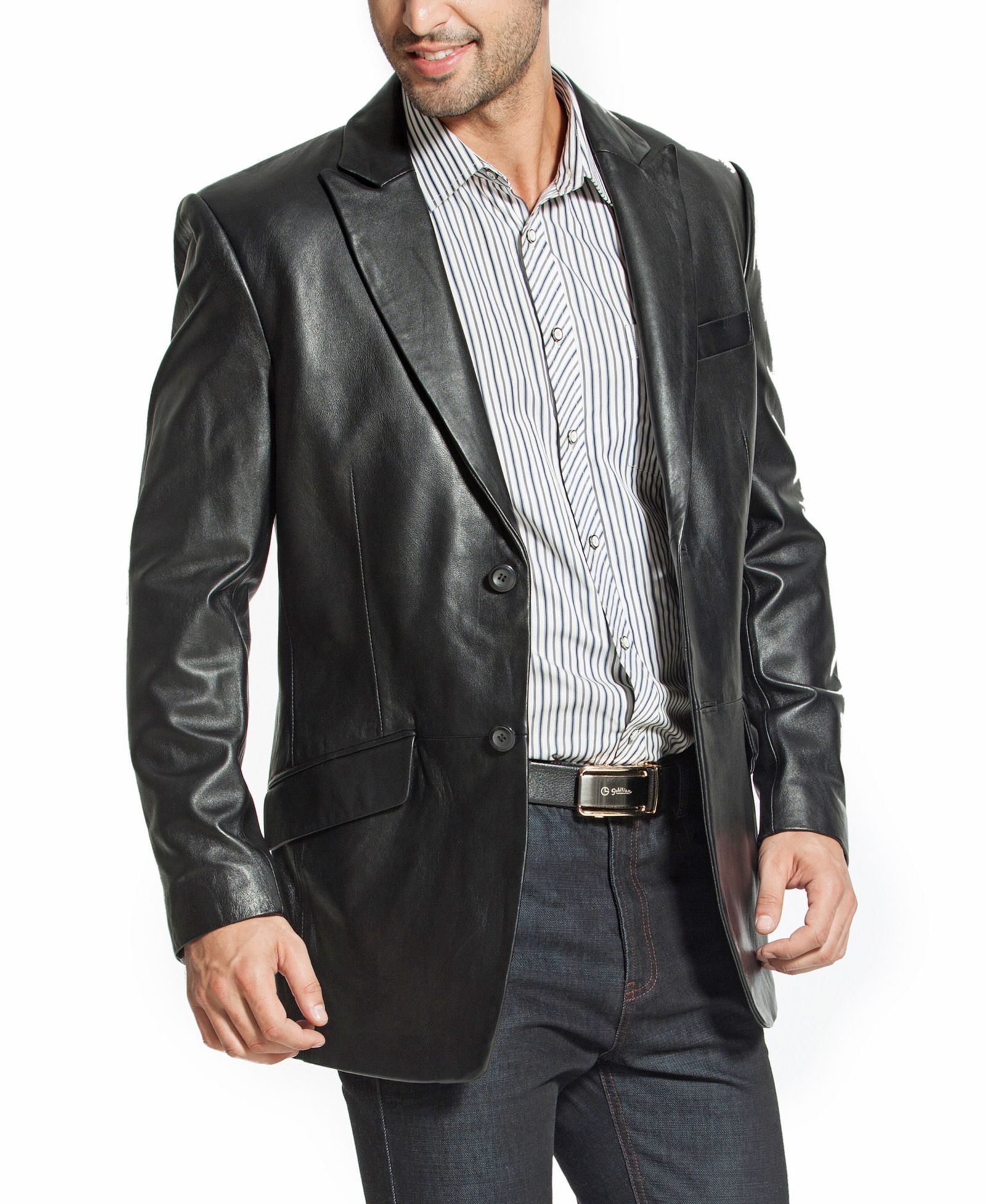 BGSD Men's Peak Lapel Two-Button Leather Blazer