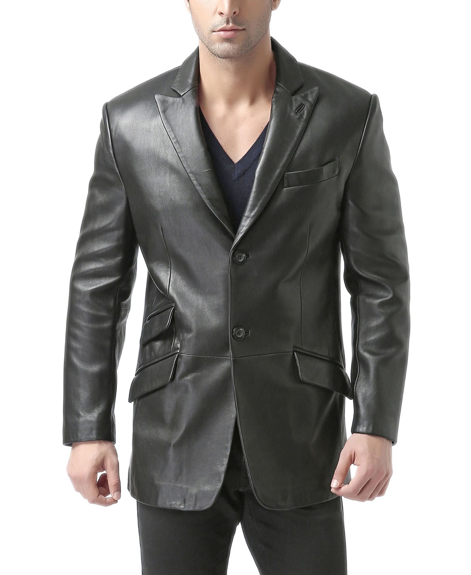 BGSD Men's Peaked Lapel Two-Button Leather Blazer