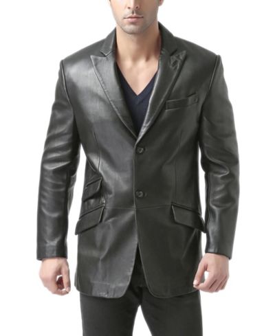 BGSD Men's Peaked Lapel Two-Button Leather Blazer