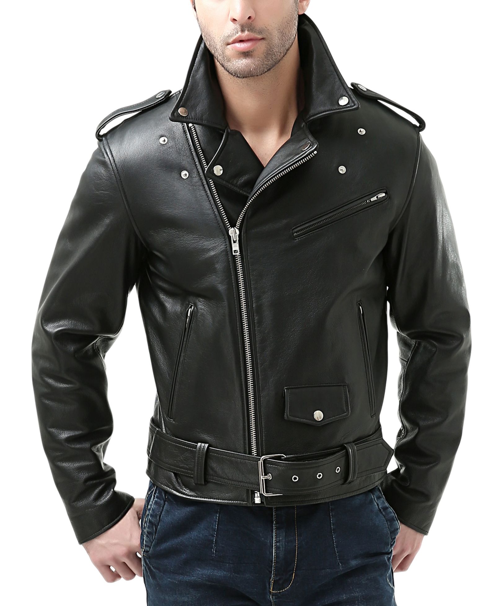 BGSD Men's Men Classic Leather Motorcycle Jacket