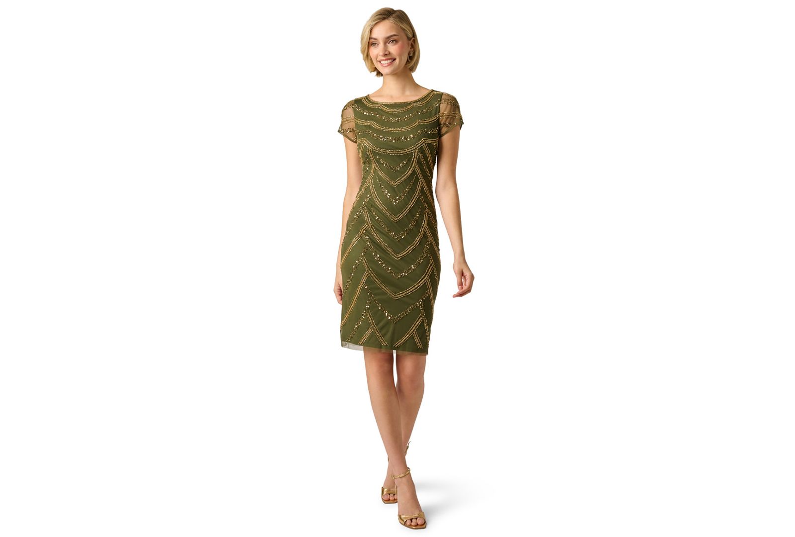 Женское вечернее платье Adrianna Papell Beaded Cap-Sleeve Sheath