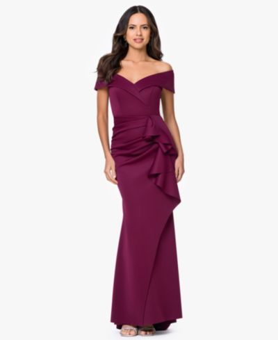 XSCAPE Petite Scuba Off-The-Shoulder Gown