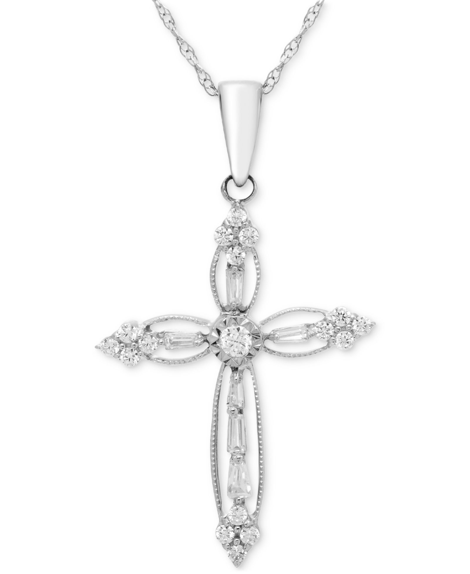 Подвеска-кулон Diamond Round & Baguette Openwork Cross 18" в белом золоте 14k