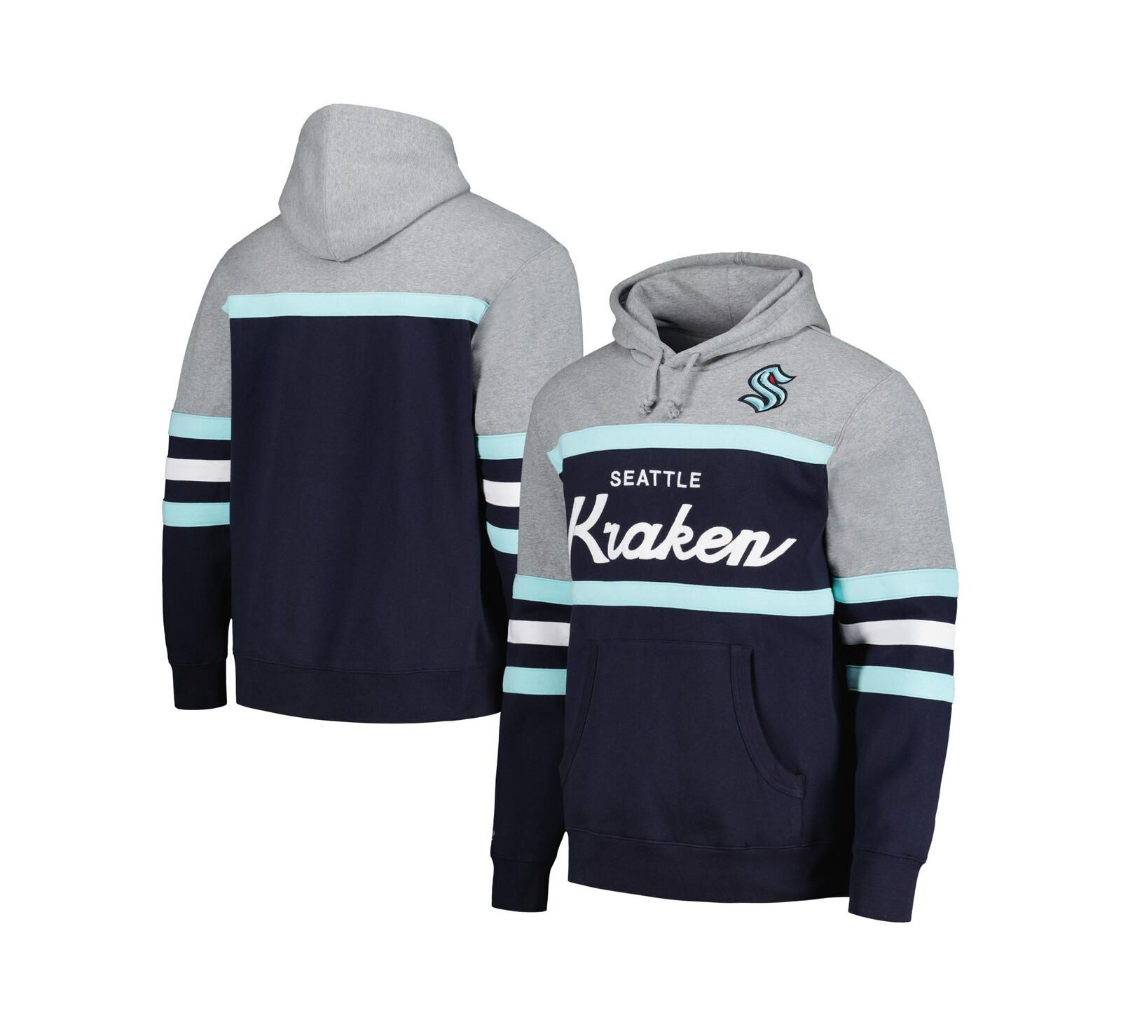Мужское худи Mitchell & Ness Deep Sea Blue, Gray Seattle Kraken Head Coach Pullover