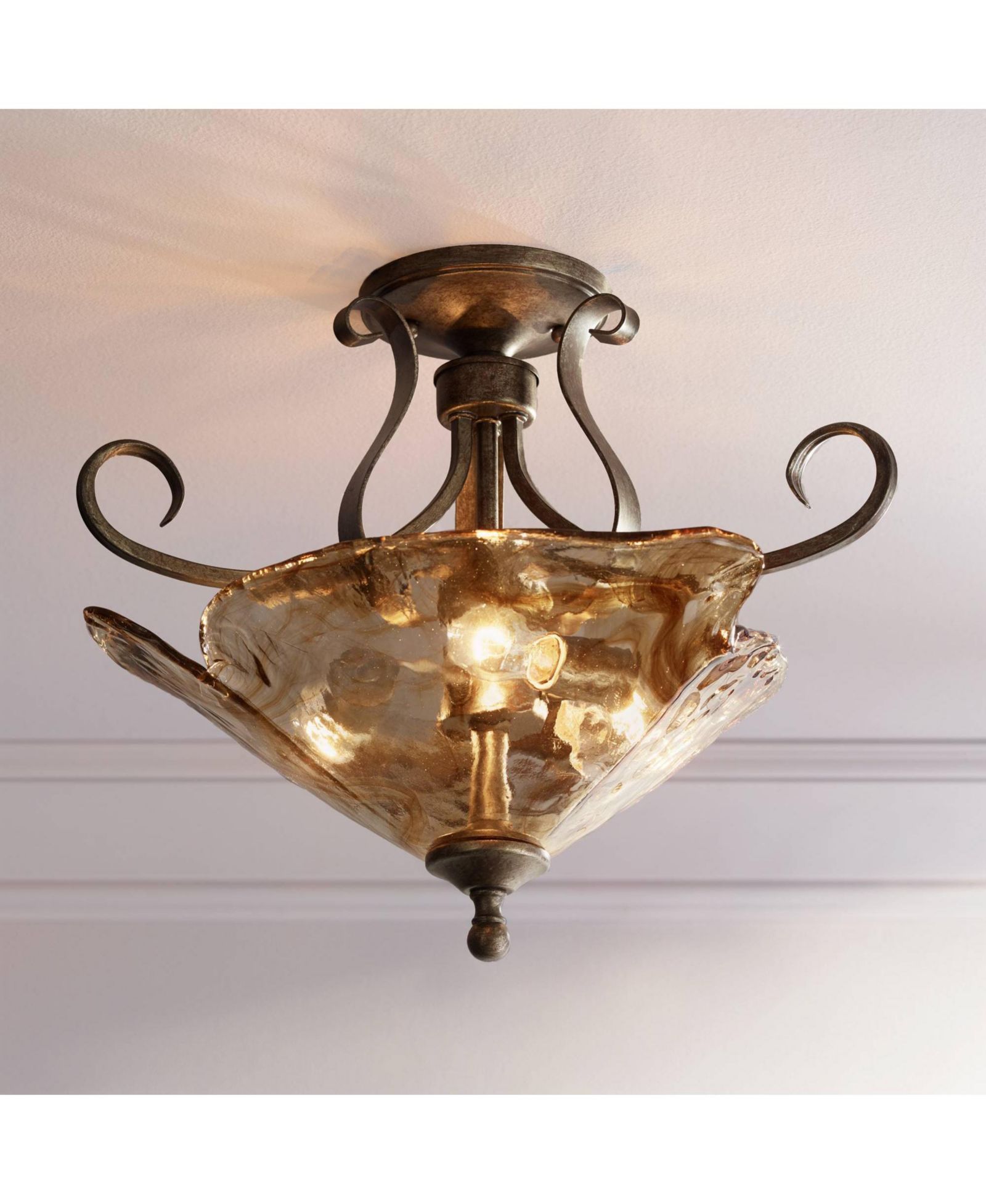Franklin Iron Works Современный потолочный светильник Amber Scroll Semi Flush Mount, 20 1/4" Wide Golden Bronze Art Glass
