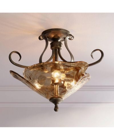 Franklin Iron Works Современный потолочный светильник Amber Scroll Semi Flush Mount, 20 1/4" Wide Golden Bronze Art Glass