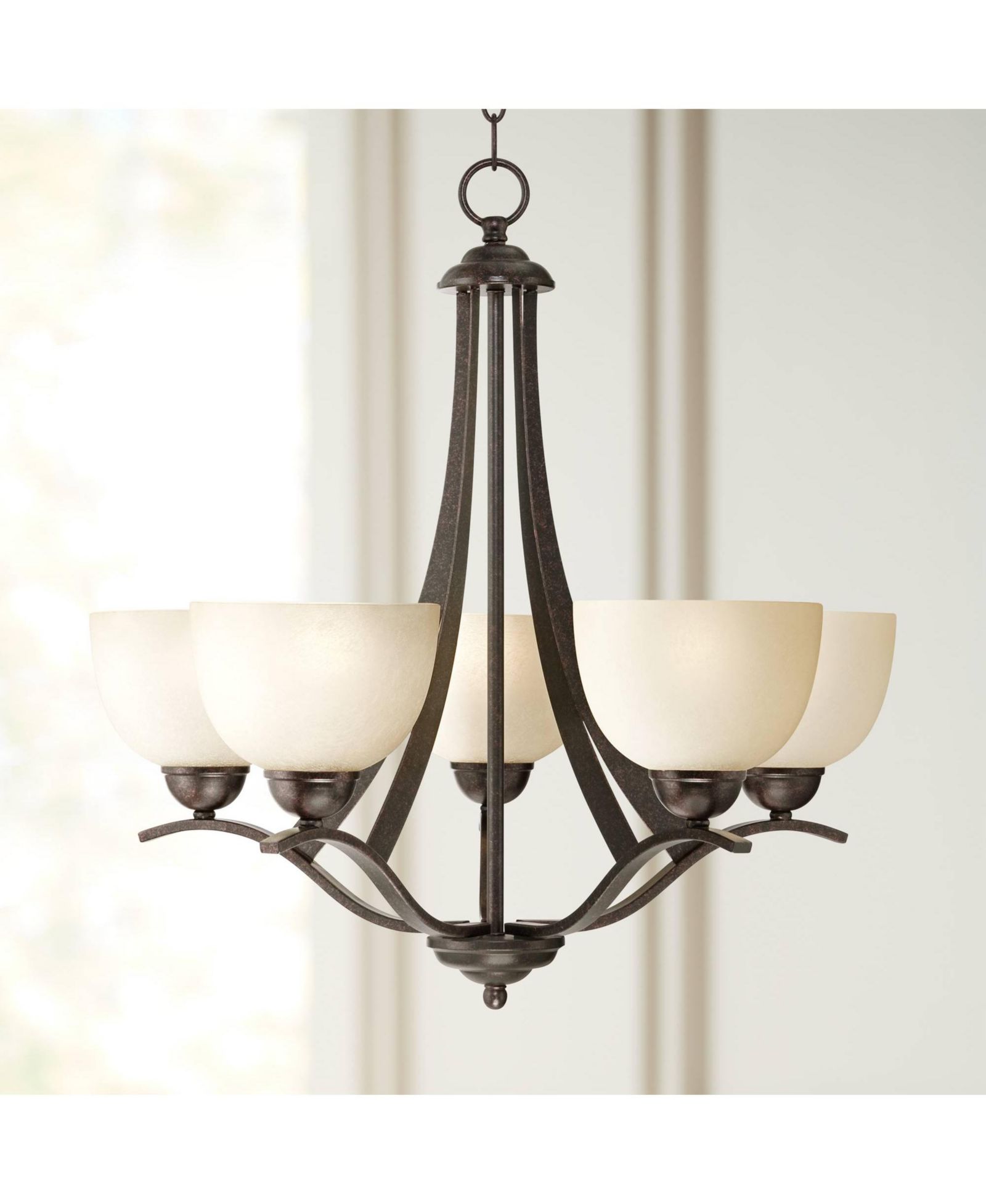Regency Hill Bronze 5-Light Indian Scavo Glass 23" Wide Rustic Scrolling Arms Fixture Pendant Chandelier