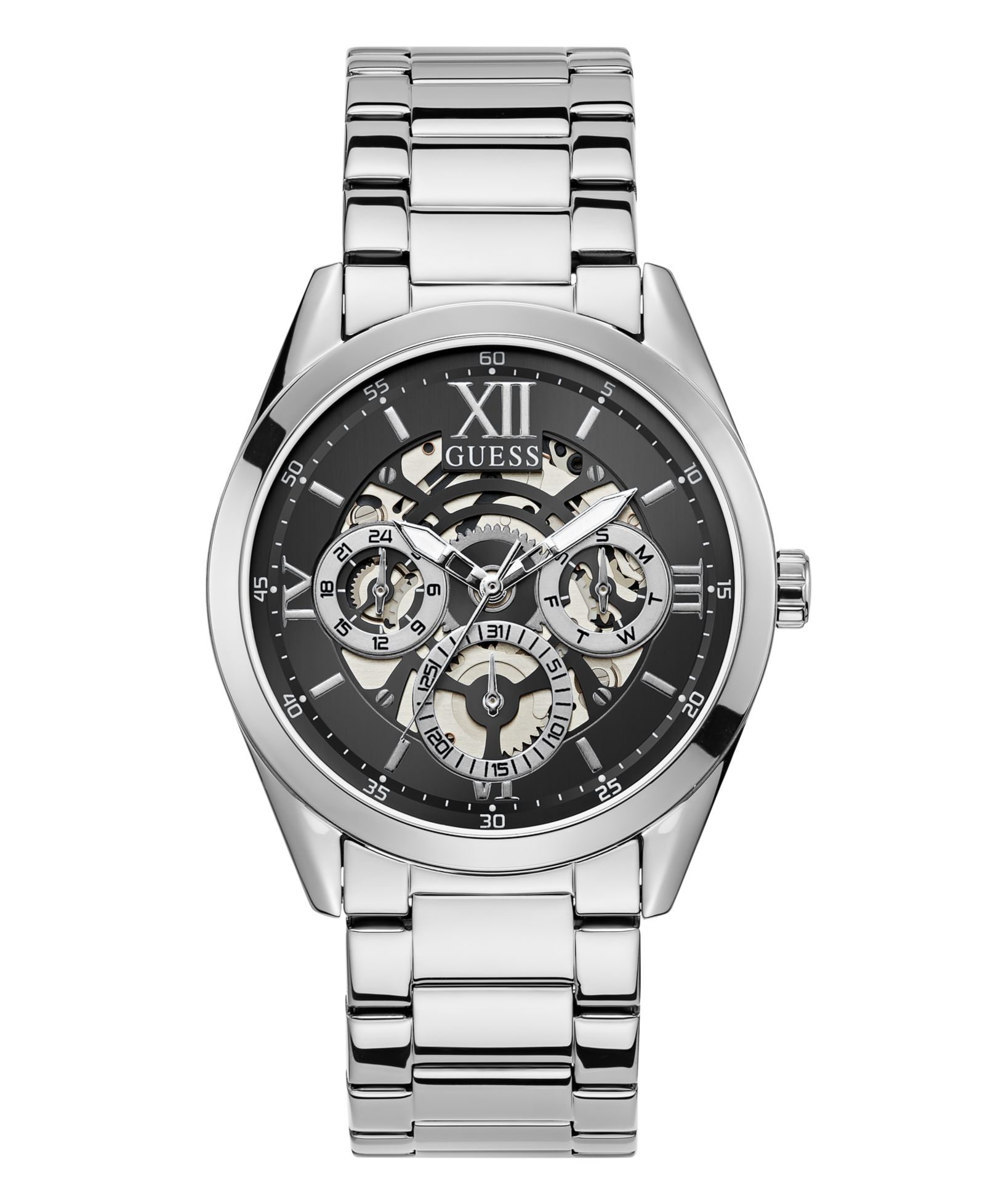 GUESS Men's Multi-Function Silver-Tone Stainless Steel Watch 42mm