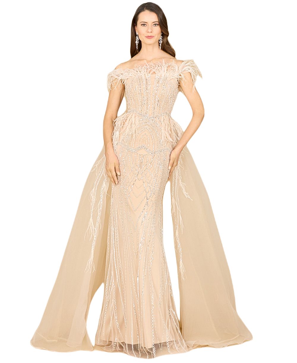 Lara Women's Off Shoulder Gown with Feathers