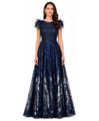 Lara Women's Lace ballgown with Feather Cap Sleeves