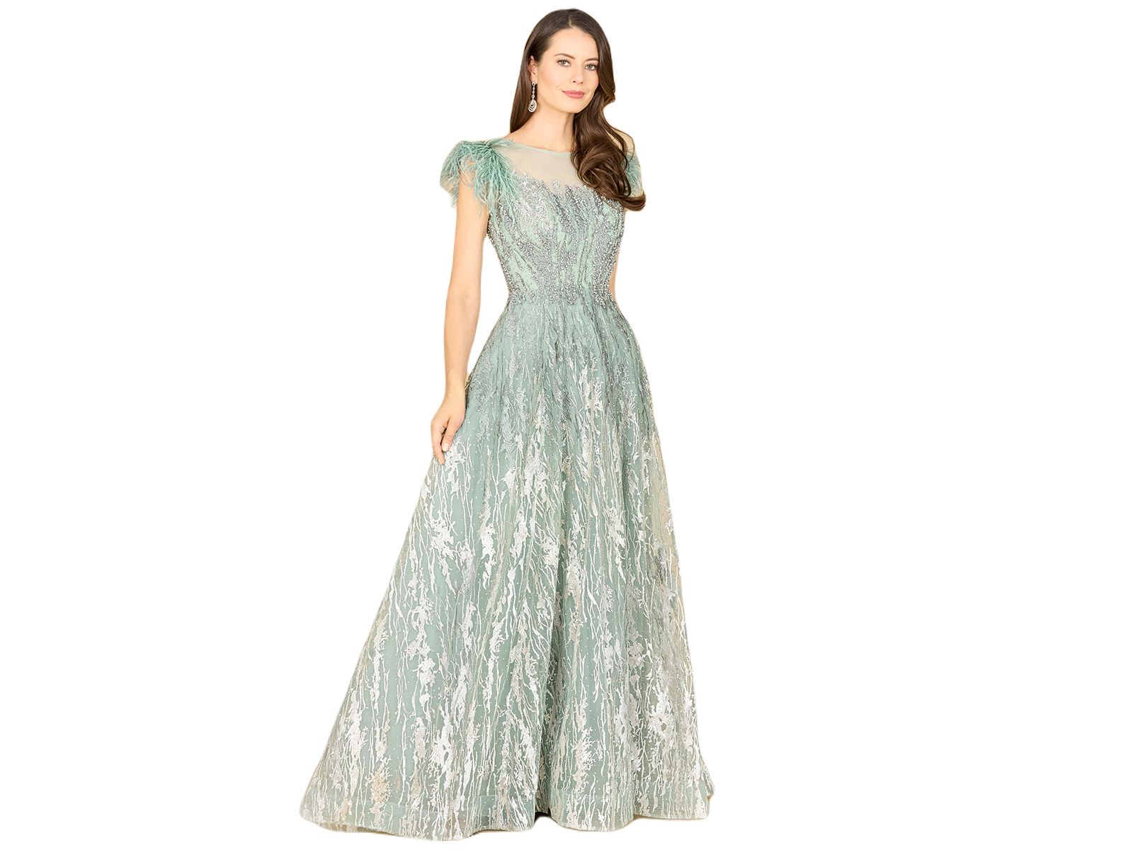 Lara Women's Lace ballgown with Feather Cap Sleeves