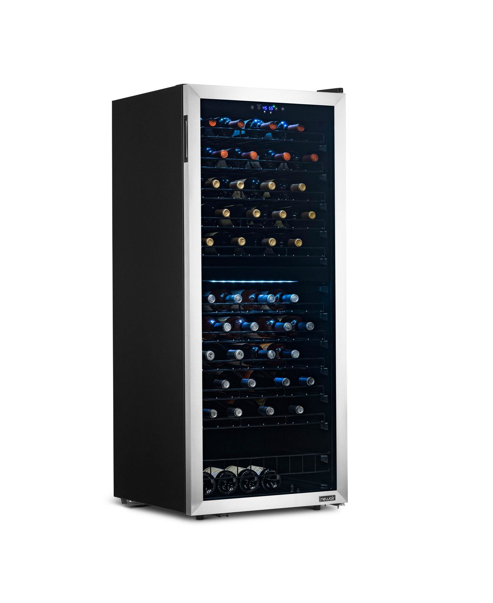 Newair Freestanding 98-Bottle Dual Zone Wine Fridge with Inverter Compressor, Adjustable Racks, Digital Thermostat Wine Refrigerator