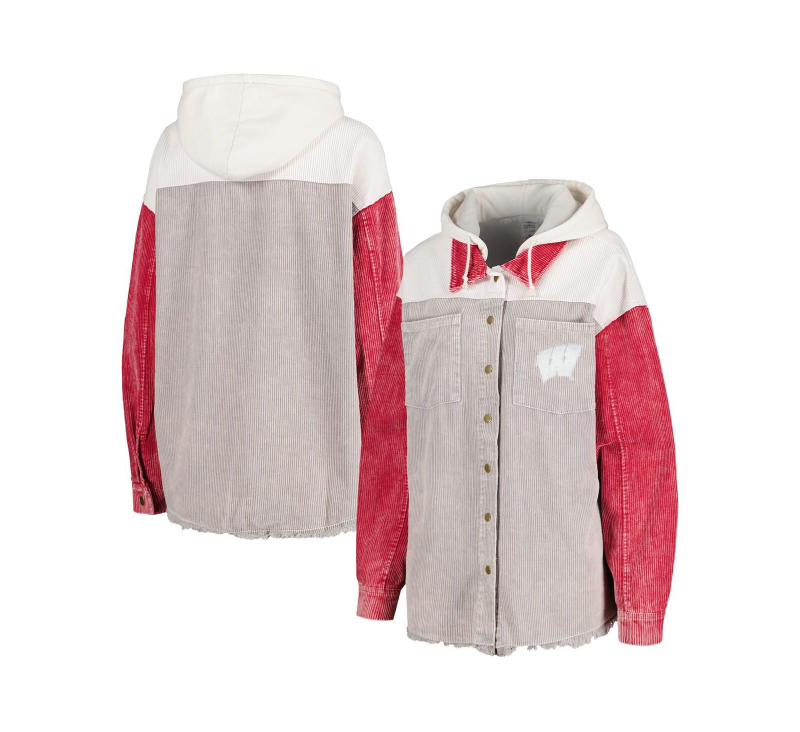 Women's Gameday Couture Gray Distressed Wisconsin Badgers Vintage-Like Wash Corduroy Full-Snap Hooded Shacket