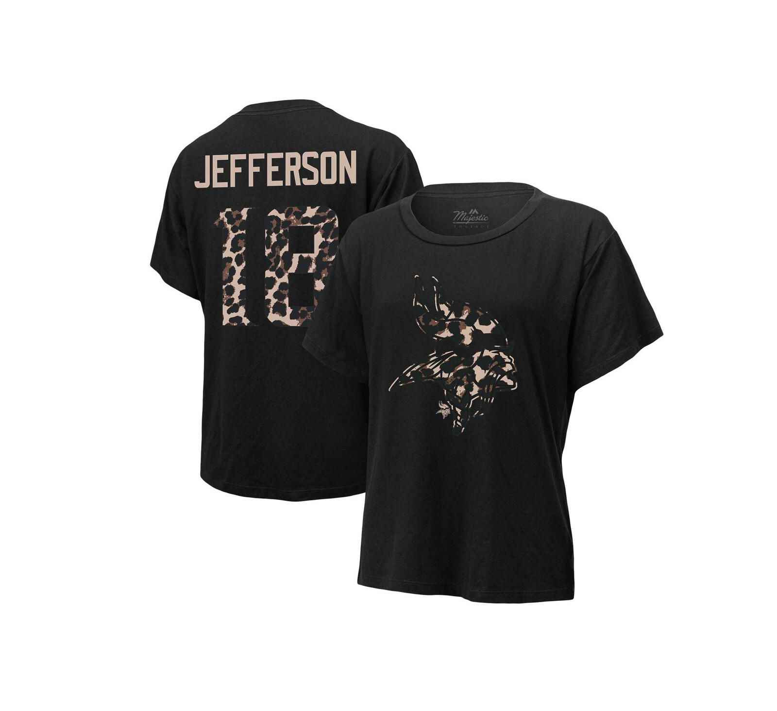 Женская футболка Majestic Threads Justin Jefferson Black Minnesota Vikings Leopard Player Name and Number