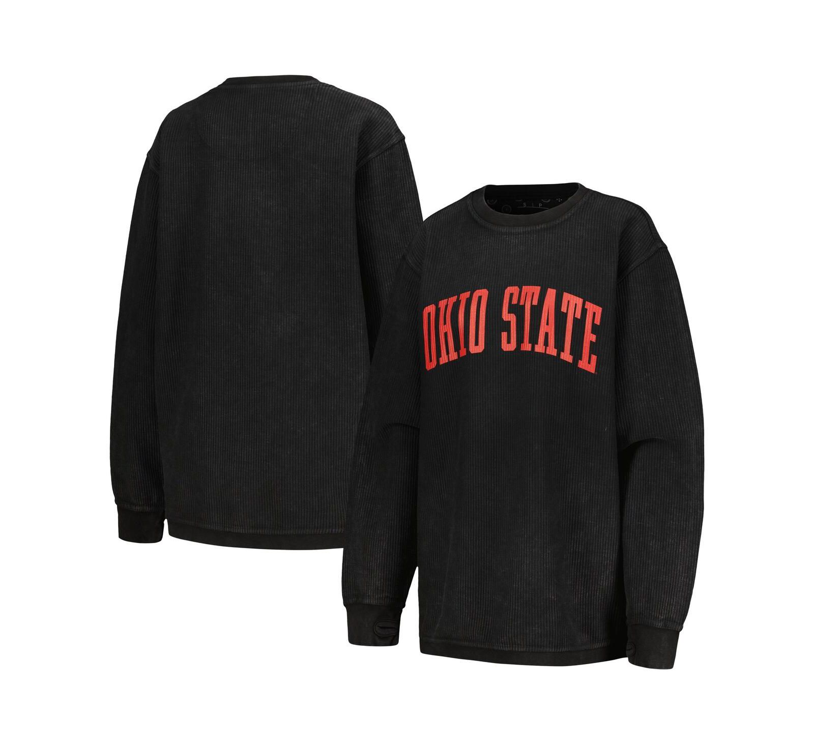 Women's Pressbox Black Distressed Ohio State Buckeyes Comfy Corded Vintage-Like Wash Basic Arch Pullover Sweatshirt