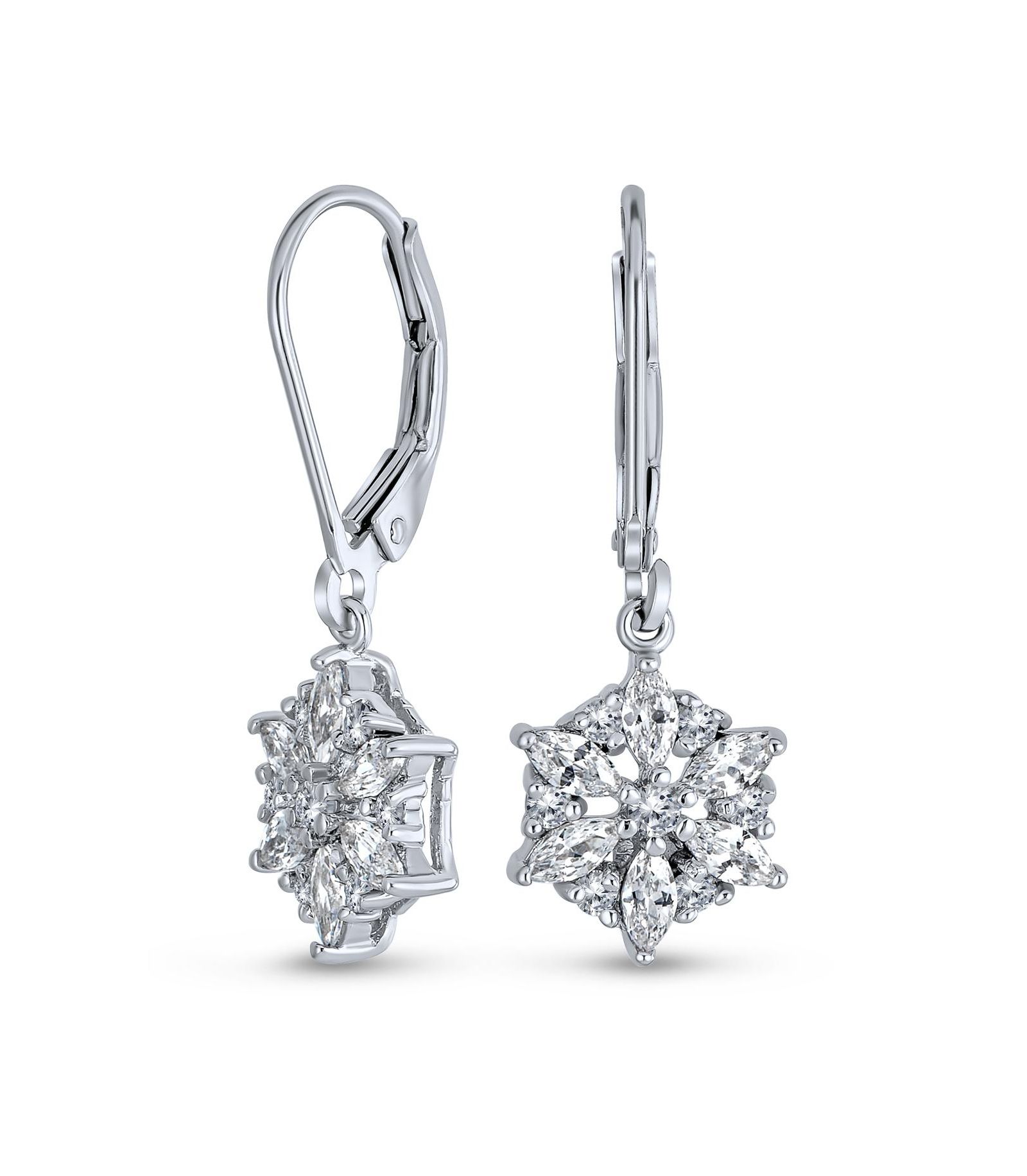 Bling Jewelry Christmas Holiday Snowflake Dangle Earrings Marquise CZ Sterling Silver