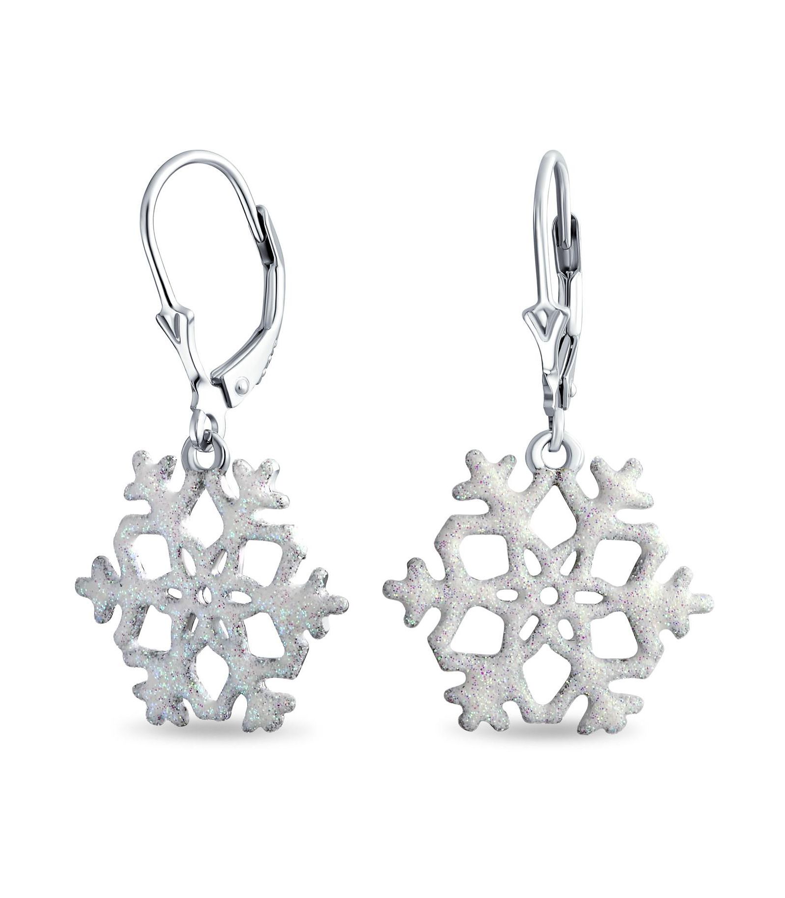 Bling Jewelry Christmas Holiday White Glitter Snowflake Dangle Earrings Sterling Silver