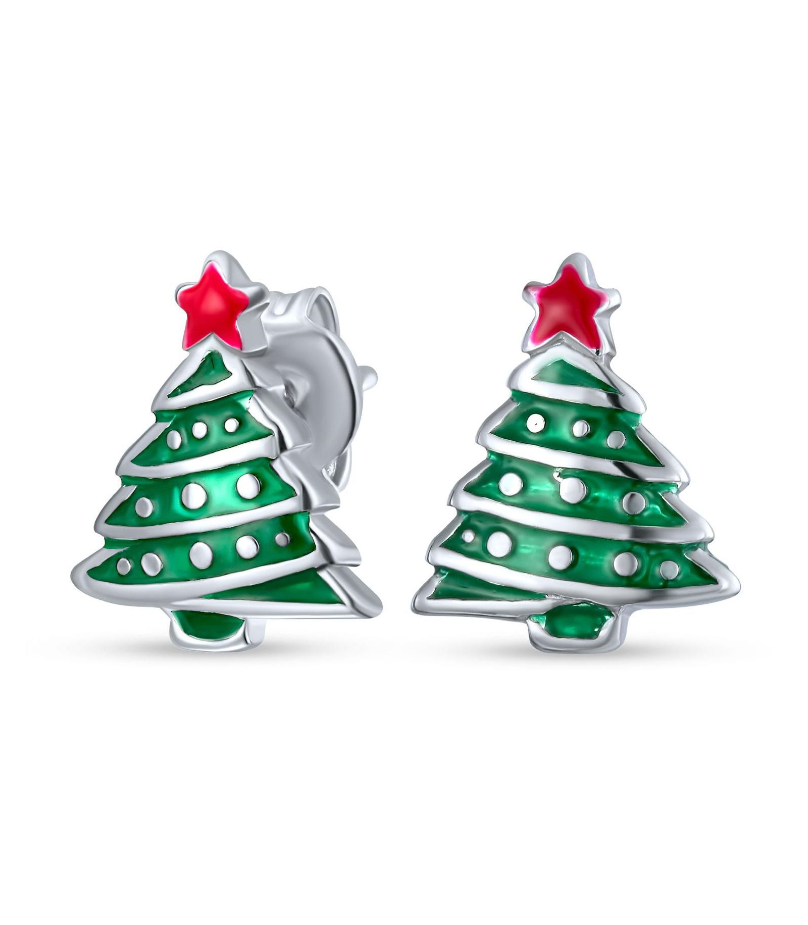 Серьги-гвоздики Bling Jewelry Small Fun Winter Holiday Red Star Enamel Green Christmas Tree, Sterling Silver