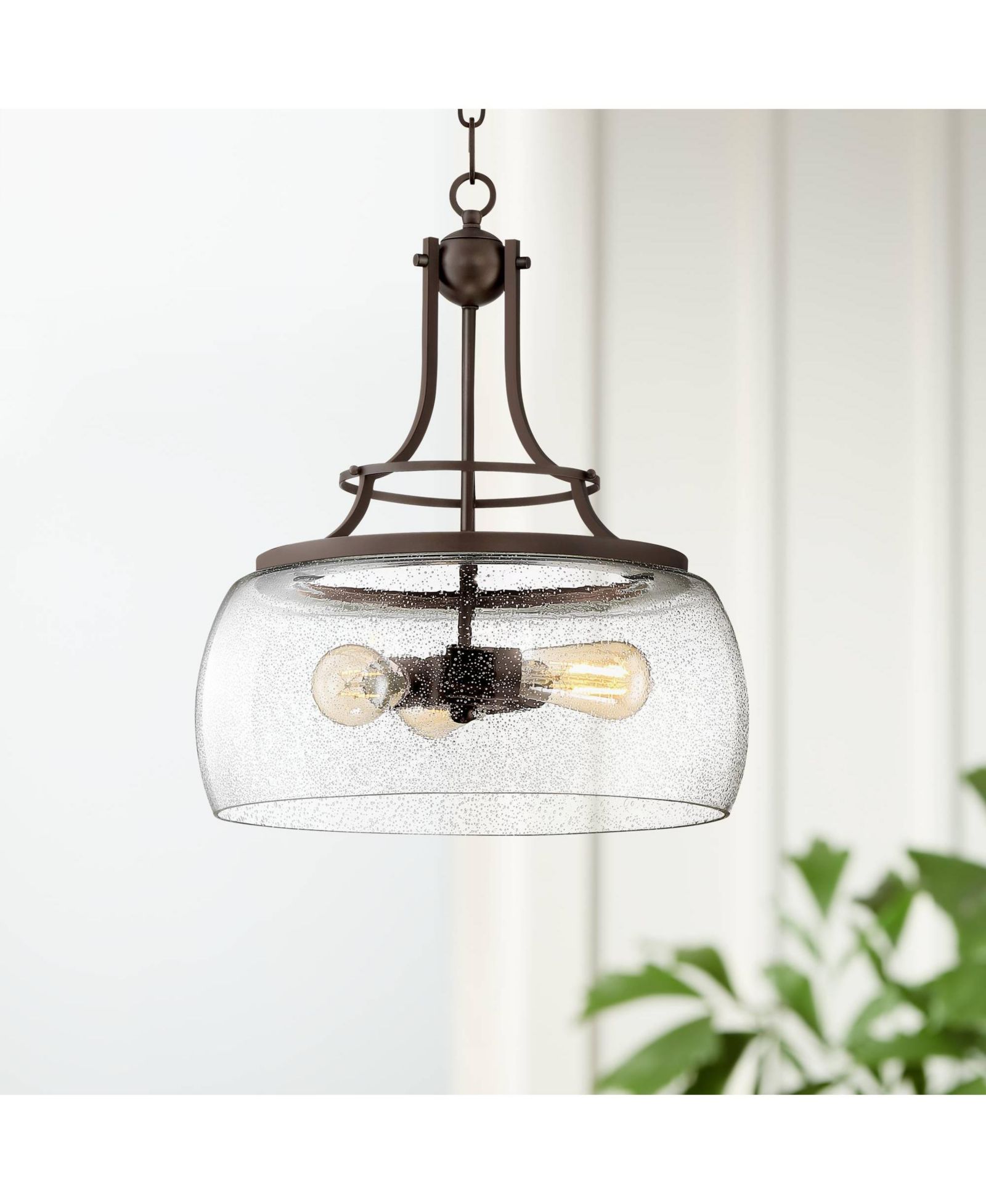 Franklin Iron Works Painted Bronze Pendant Chandelier 16" Wide Rustic Farmhouse Seeded Clear Glass LED 3-Light Fixture Dining Room