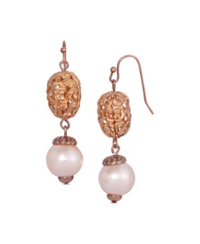 Серьги-подвески 2028 Imitation Pearl Rose Gold-Tone Filigree