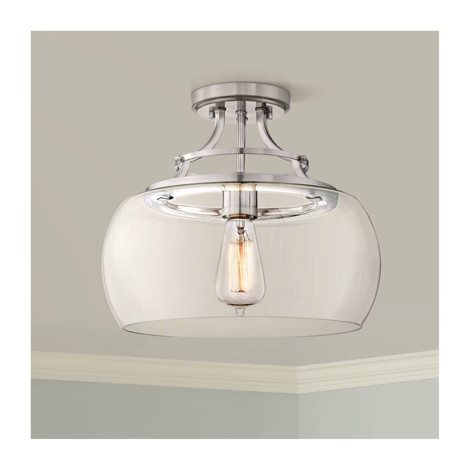 Потолочный светильник Franklin Iron Works Charleston Modern Industrial Semi Flush Mount LED Clear Glass Shade Brushed Nickel