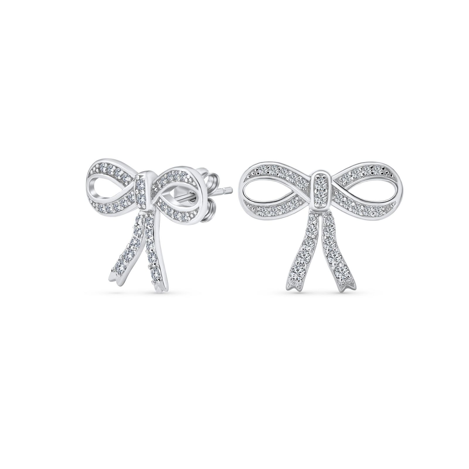 Bling Jewelry Vintage Style Ribbon Pave CZ Bow Stud Earrings .925 Sterling Silver