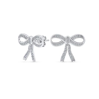 Bling Jewelry Vintage Style Ribbon Pave CZ Bow Stud Earrings .925 Sterling Silver