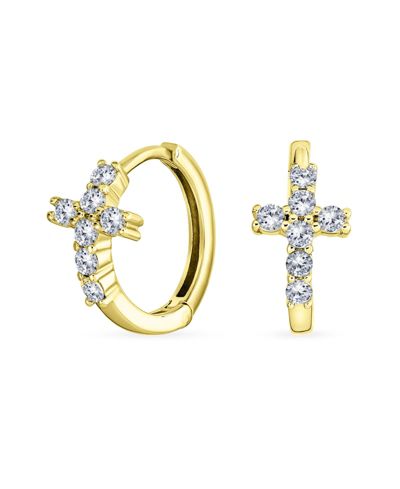 Bling Jewelry Religious CZ Cross Huggies Mini Hoop Earrings .925 Sterling Silver